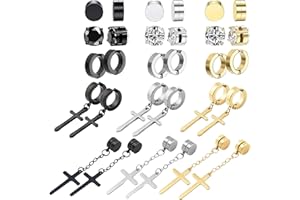 NEWITIN 15 Pairs Magnetic Stud Earrings for Men Clip on Earrings Stainless Steel Magnet Earring Unisex Dangle Cross CZ Hoop Magnetic Stud Earring Set for Men Women