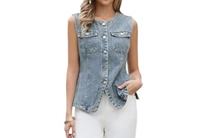 Allegra K Denim Vest for Women Crew Neck Button Down Causal Cropped Jean Vest Top with Pockets