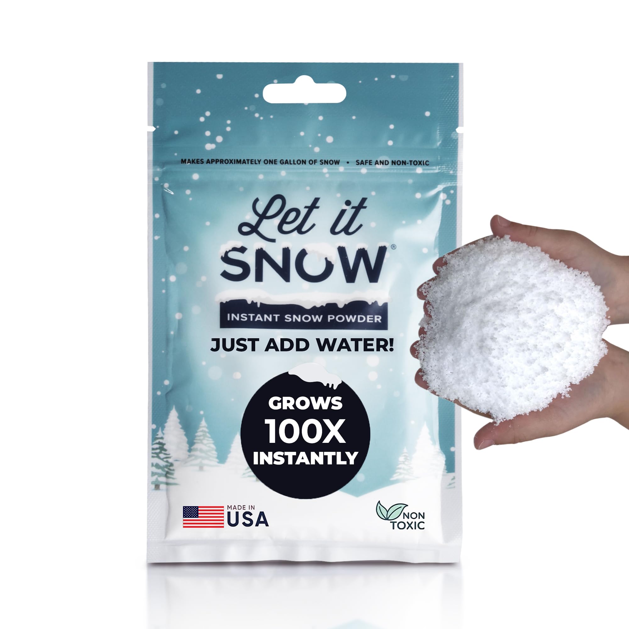 Let it Snow Instant Fake Snow Powder - Made in the USA, Safe & Easy to Use Artificial Snow for Slime, Holiday Decorations, Photography & Sensory Play, 1 Pack, Makes 1 Gallon