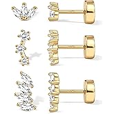 YADOCA Sterling Silver Flat Back Earrings for Women Hypoallergenic 14K Gold Plated Flatback Stud Earrings Trendy Cartilage Helix Conch Tragus Piercing Jewelry 3 Pairs Dainty CZ Opal Earring Set