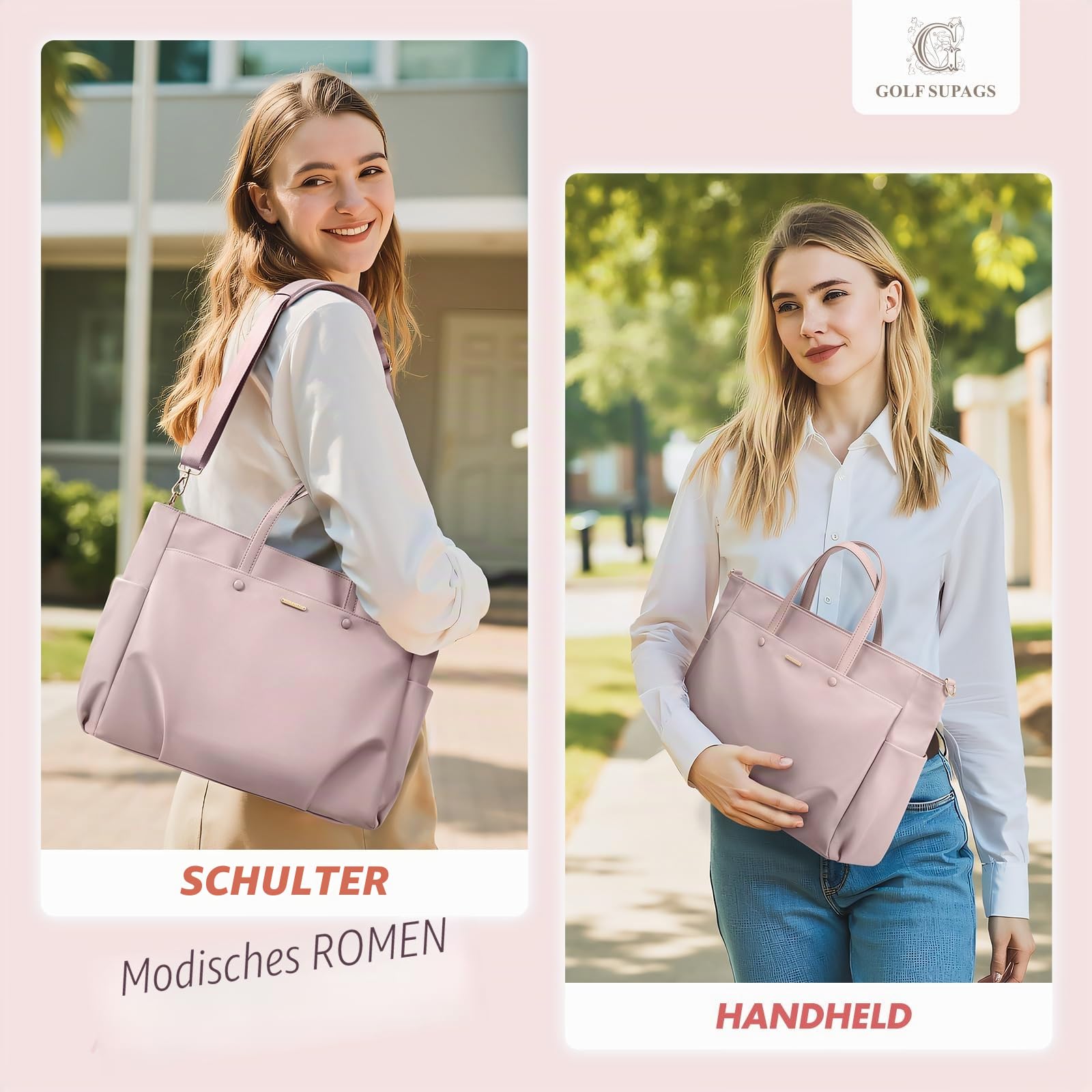 GOLF SUPAGS 15 Zoll Laptop Umhängetasche, Computer Tragetasche für Damen, Stilvolle Handtasche für Arbeit und Reisen (Rosa Grau) 2