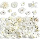 rongflower Fake Flower Heads for Crafts - White Silk Artificial Roses, Peonies, Daisies & Mini Floral Heads Bulk (48-Pack) for Wedding Decor, Graduation Cap, Cake Topper, Baby Shower, Home Decoration