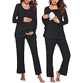 Ekouaer Maternity Nursing Pajama Set Long Sleeve Top & Pants with Pockets Breastfeeding Sleepwear Double Layer Pregnancy