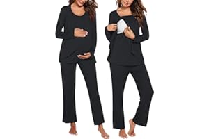 Ekouaer Maternity Nursing Pajama Set Long Sleeve Top & Pants with Pockets Breastfeeding Sleepwear Double Layer Pregnancy