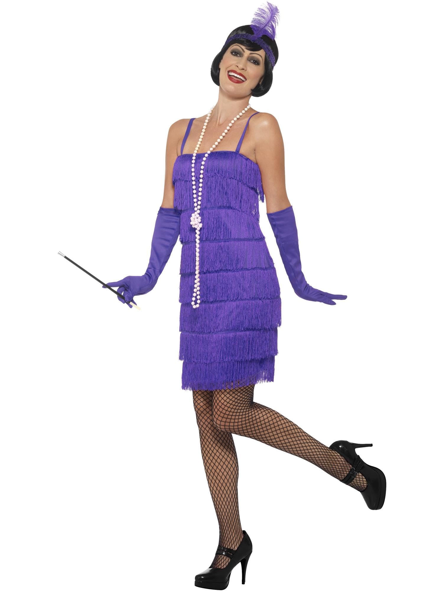 Smiffys Flapper Costume, Purple with Short Dress, Headband & Gloves, 1920's Razzle Fancy Dress, Adult Dress Up Costumes