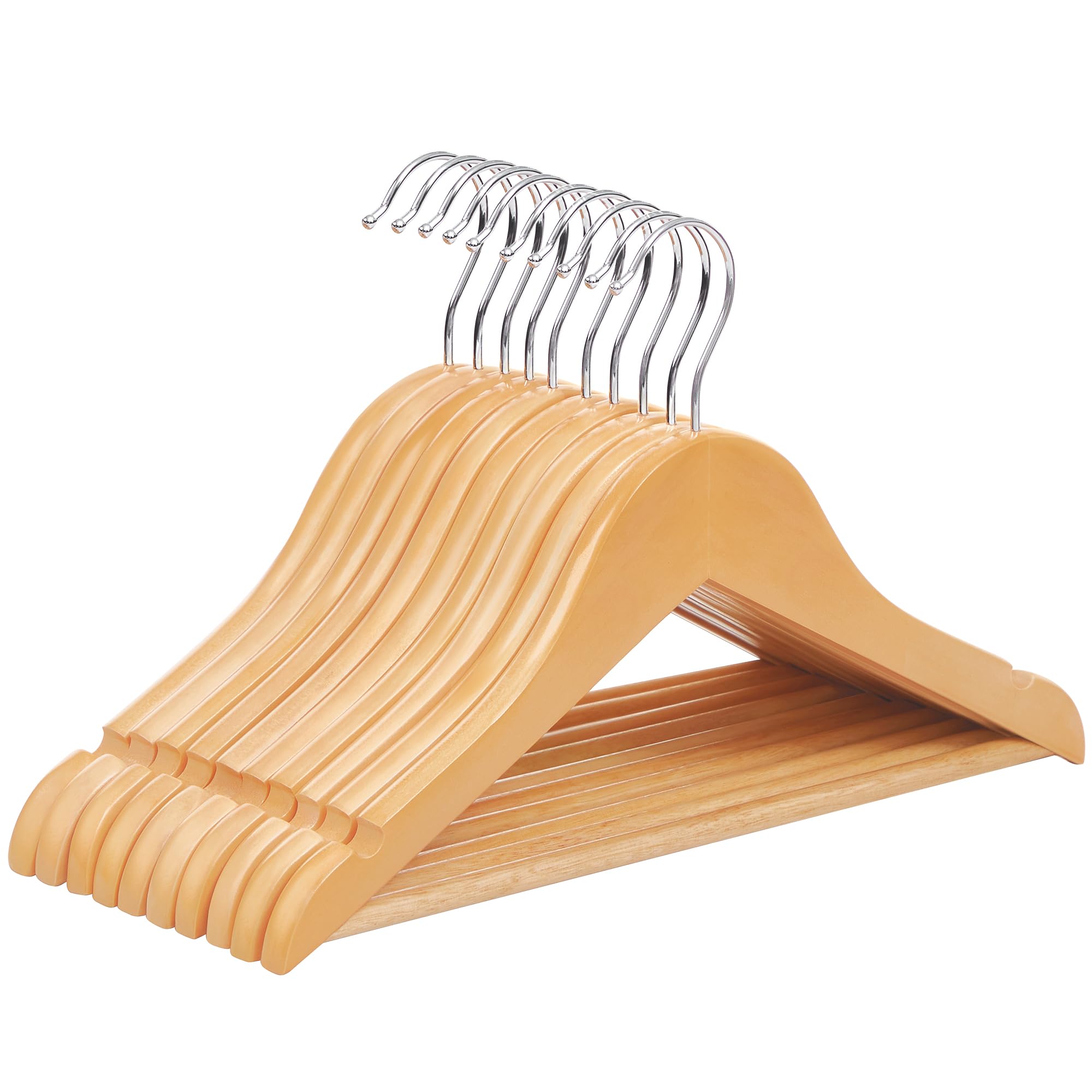 SONGMICS Solid Wood Children’s Hangers, 10-Pack Robust Kid’s Clothes Hangers, with Trousers Bar, Shoulder Notches, 360 Degree Swivel Hooks, 35 x 1.2 x 20 cm, Natural CRW006N01