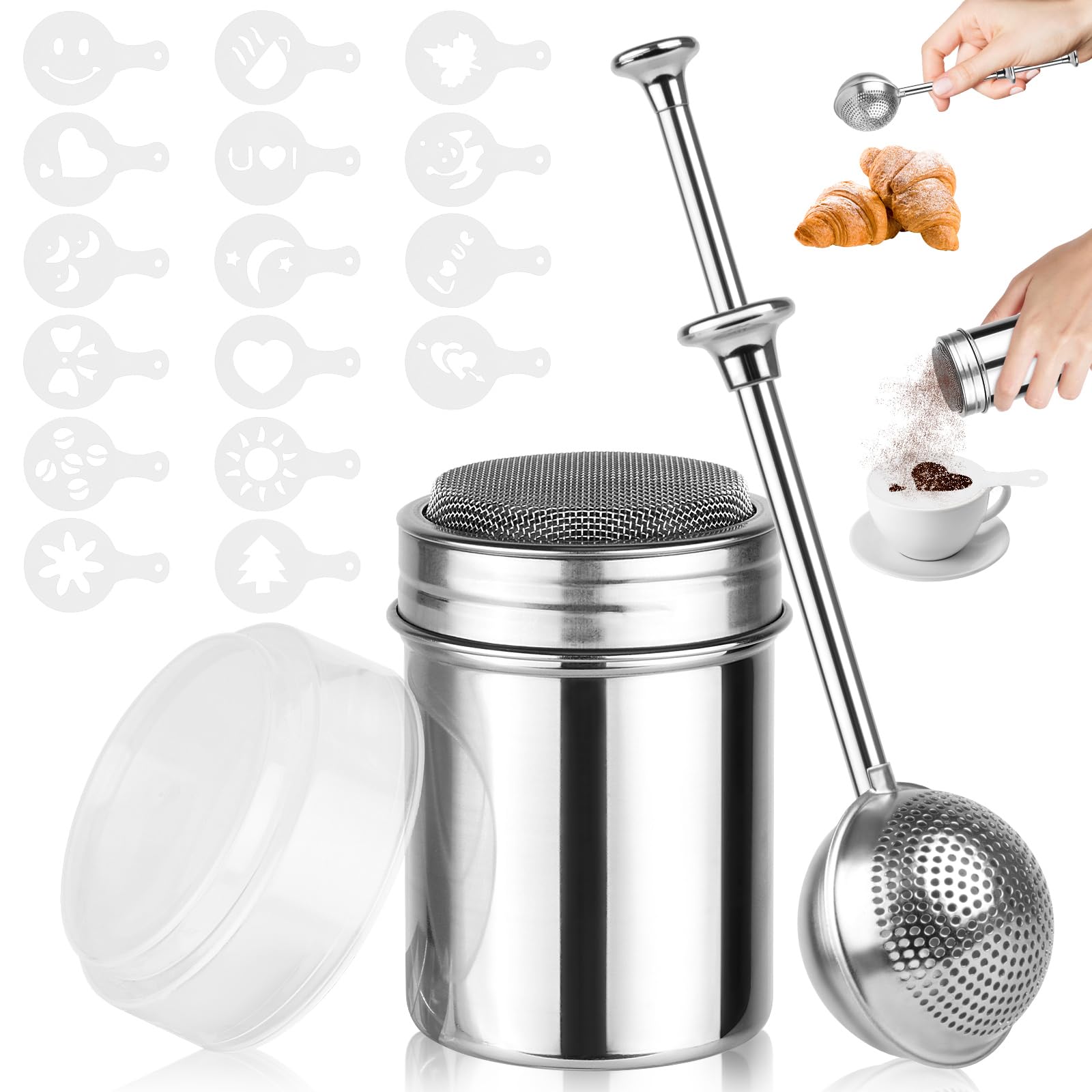 Photo 1 of 2 Pack Powdered Sugar Shaker Duster, Stainless Steel Cinnamon Sugar Shaker & Flour Duster Set, Spring Flour Sifter with 16Pcs Coffee Stencils for Baking, Coffee