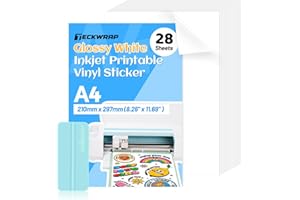 TECKWRAP Printable Vinyl Sticker Paper for Inkjet Printer, Glossy White Inkjet Printable Sticker Paper, 8.26" x 11.69" A4 Size for Craft Cutter, Scrap-booking, Home Decor, 28 Sheets/Pack