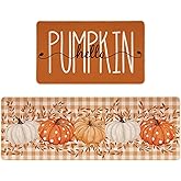 Fall Kitchen Rugs Set of 2 - 17x29+17x47" Autumn Thanksgiving Kitchen Decor | Watercolor Hello Pumpkin Orange Plaid Seasonal Farmhouse Vintage Low-Profile Non-Slip Kitchen Mats for Floor Home Decor