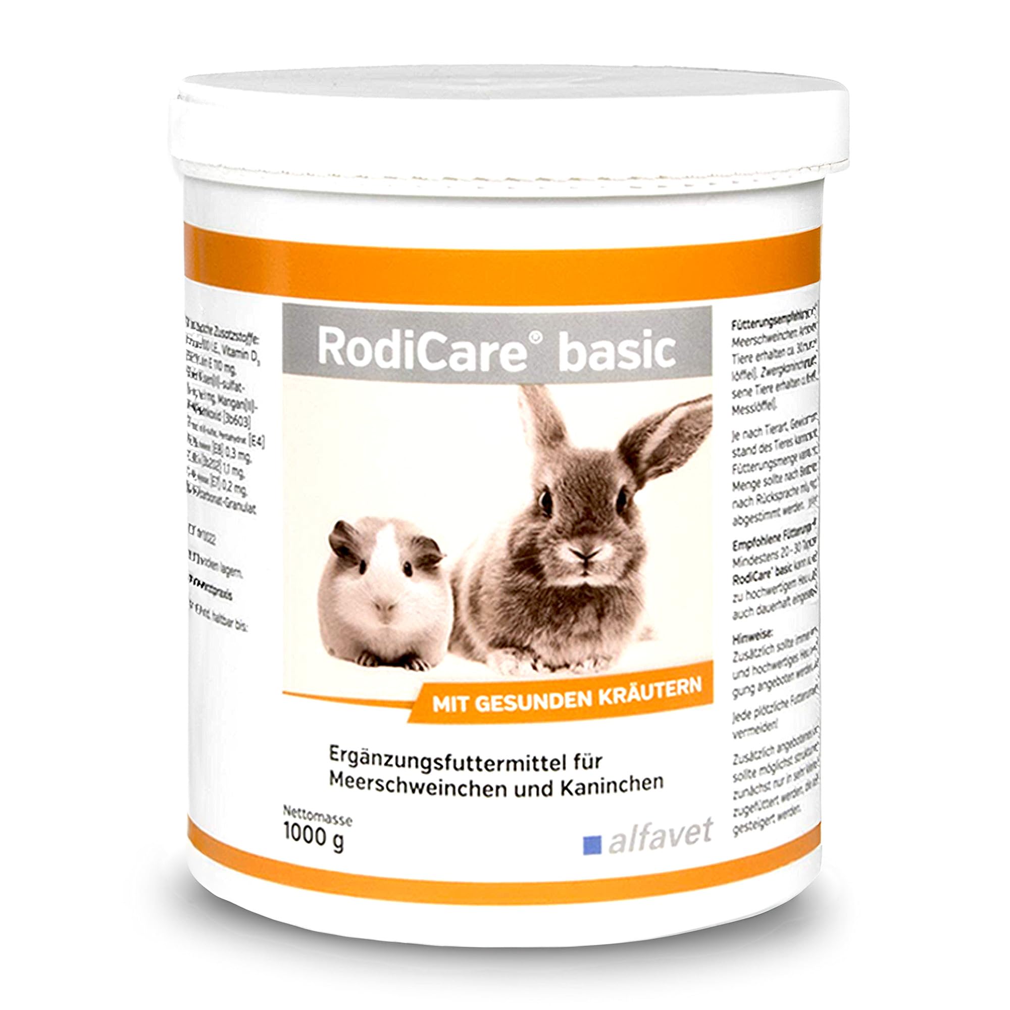 alfavet RodiCare Basic, herb pellets, rich in insoluble fibre, supplementary feed for guinea pigs and rabbits, 1000 g tin