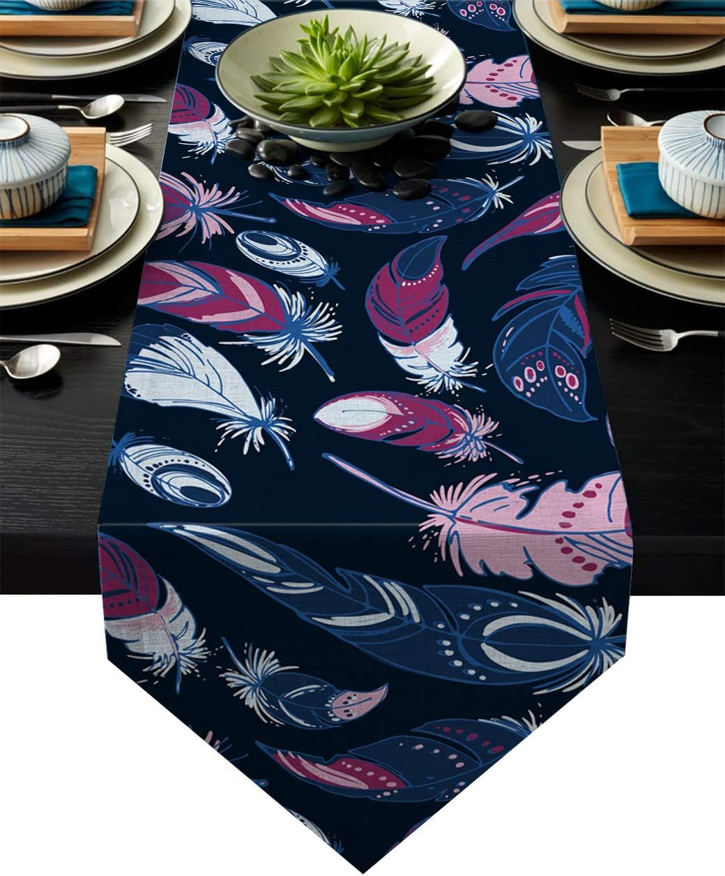 Fandim Fly Dining Table Runner 14 x 72 Inch, Navy Blue Background Feather Table Runners for Morden Stylish Wedding Party Holiday Table Setting Decor