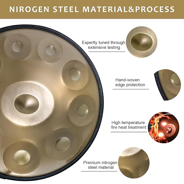 HANDPAN DRUM 22 INCHES D MINOR KURD, 432HZ 10 NOTES HAND DRUM INSTRUMENT, PREMIUM STEEL DRUM, HANDPAN INSTRUMENT FOR ADULTS (GOLD)