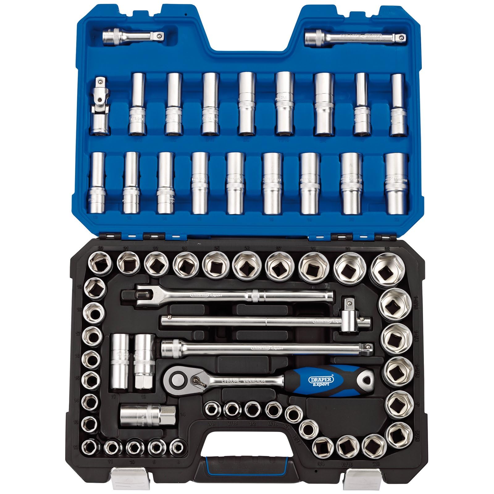 Draper 16456 1/2-Inch Square Drive Combined MM/AF 63 Piece Socket Set , Blue