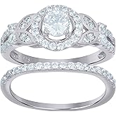 Jewels By Lux Sterling Silver Women's Cubic-Zirconia Duo Bridal Anniversary Wedding Engagement Band Ring Set