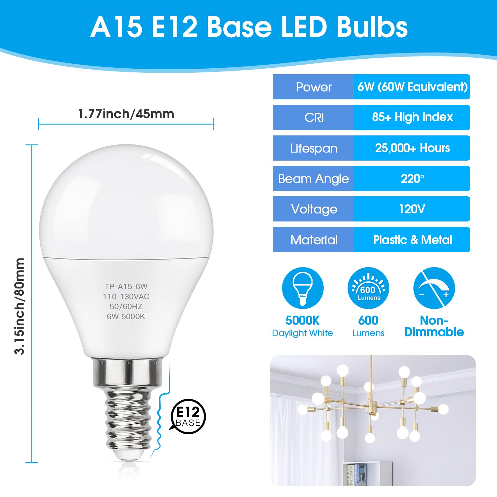 MAXvolador E12 LED 60W Equivalent Daylight White 5000K Ceiling Fan Bulbs, 600LM CRI 85+ Small Base Candelabra Bulbs, 6W Non-Dimmable, Pack of 6