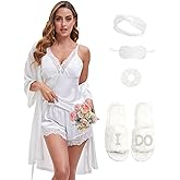 EPLAZA Bride Robe for Wedding Day Set Bridal Robes Silky Lingerie Pajamas Set Slippers for Wedding Bridal Bachelorette Party