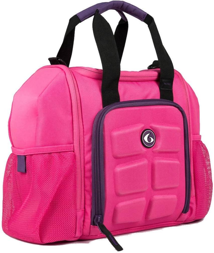 6 Pack Fitness Innovator Mini, Meal Prep Bag for 3 Meals, Gym Meal Management Bag, Lunch Cooler Bag, Insulated Food Storage Bag, Comes With 1 large and 1 med Gel Pack, 3 -20 oz.Sure Seal containers, ergonomic shoulder strap and 1 sports nutrition container (Pink / Purple)