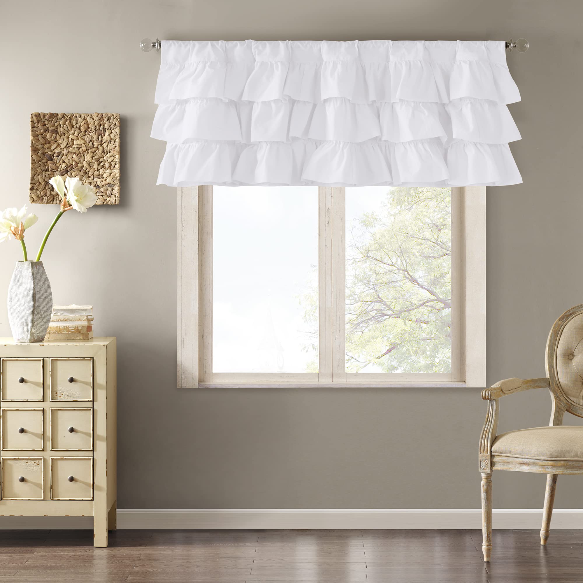Madison Park Anna Oversized Ruffle Rod Pocket Valance, Classic Vintage Cotton Valances for Window, 50X18, White