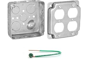AIRMONT PRODUCTS (Pack of Box and Cover) AP-12088, 4" Square Electrical Box, 2-Gang Duplex Receptacle Exposed Work Cover, Crushed Corners, Drawn Construction, Ten 1/2", Six 3/4" Knockouts, Raised Ground, 1-1/2" Deep