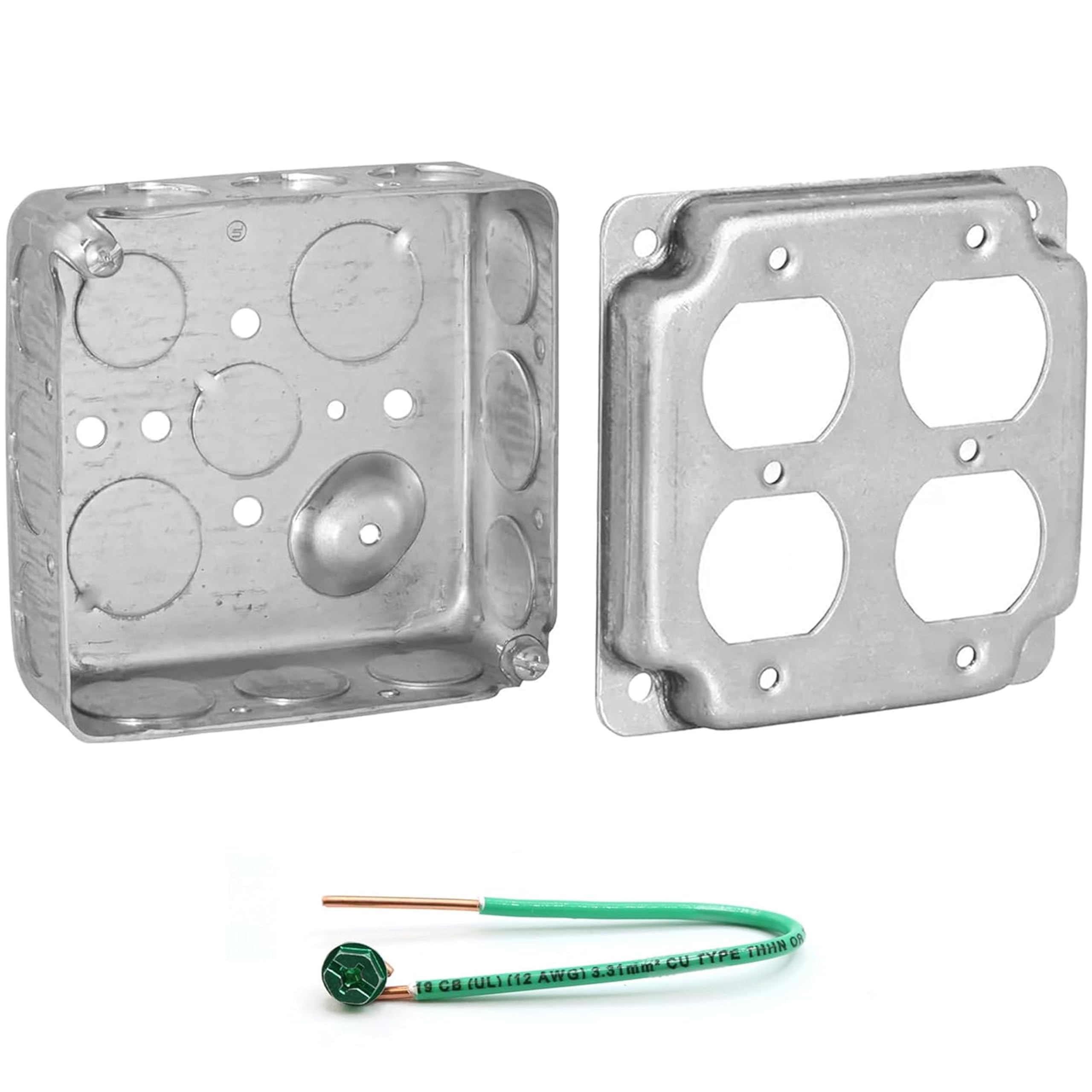 Photo 1 of (Pack of Box and Cover) AP-12088, 4" Square Electrical Box, 2-Gang Duplex Receptacle Exposed Work Cover, Crushed Corners, Drawn Construction, Ten 1/2", Six 3/4" Knockouts, Raised Ground, 1-1/2" Deep