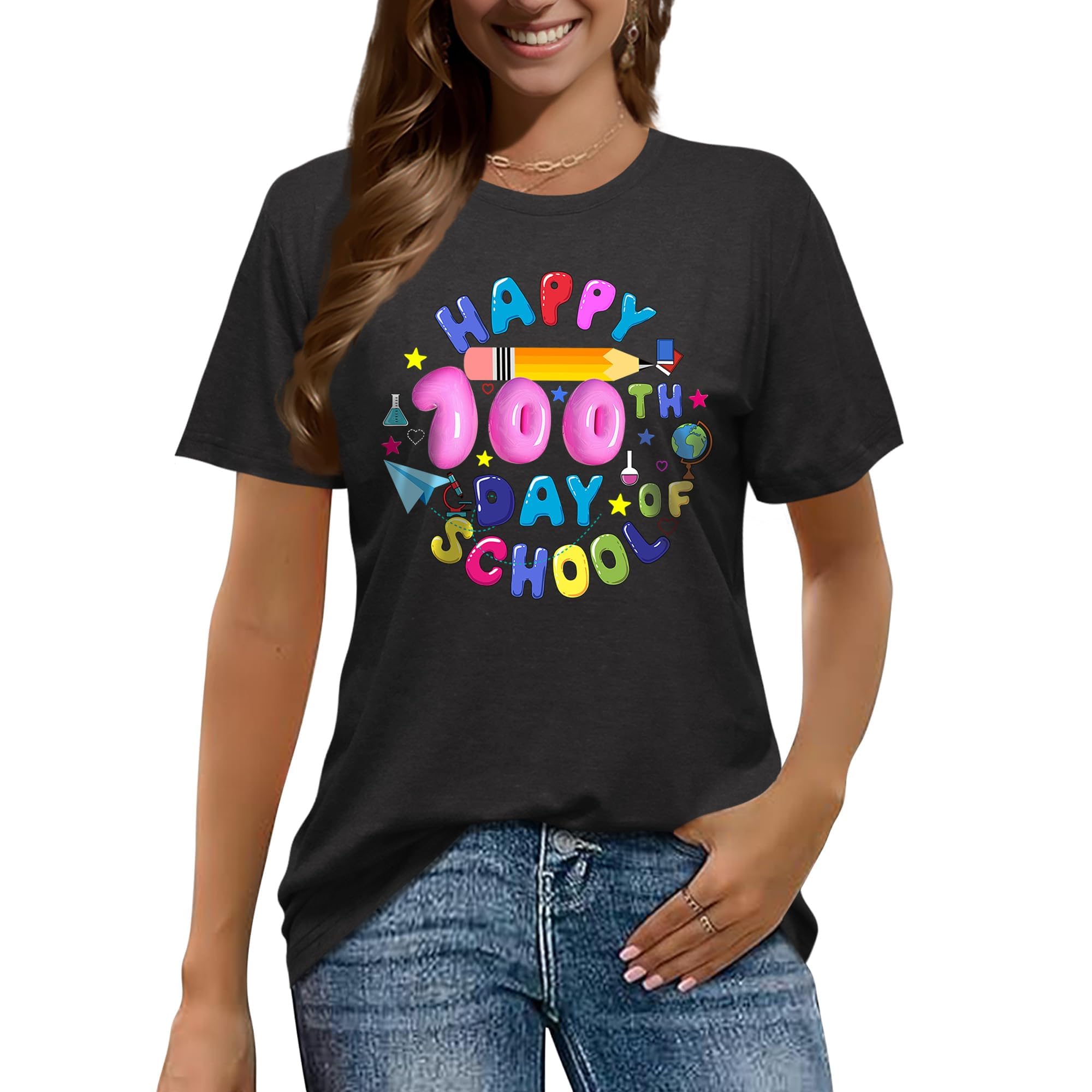 Photo 1 of ADIAOA 100 Days of School Shirt for Women:Crew Neck Short Sleeve Teacher Higher Quality T-Shirt Grey