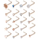 Tornito 20G 20Pcs Nose Ring CZ Nose Stud Retainer L Bone Screw Shaped Nose Piercing Jewelry Set for Women Men Stainless Steel Rose Gold Tone