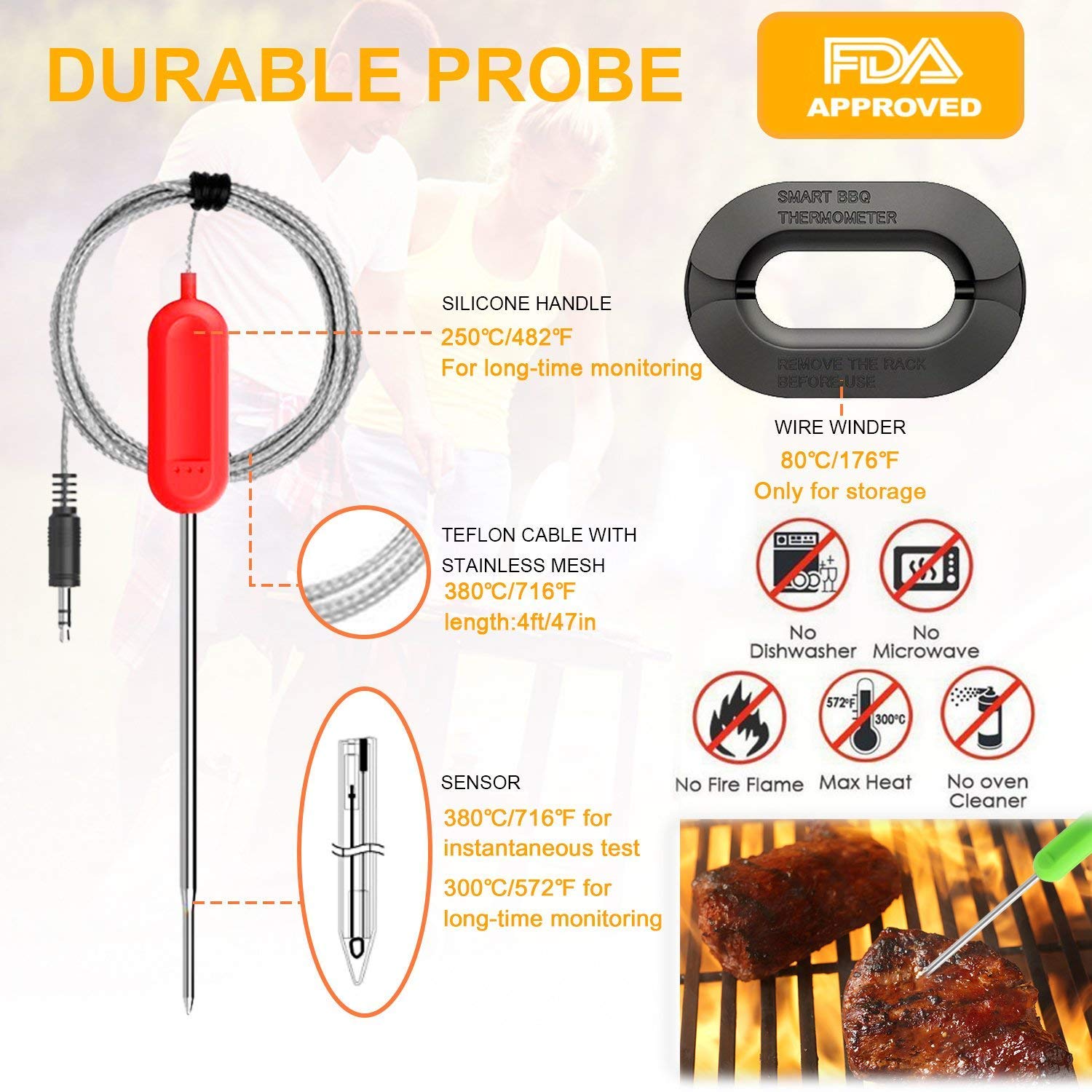 Digital Thermometer Küche, Migvela Grillthermometer mit 6 Fühler, Bluetooth Fleischthermometer Funk Bratenthermometer mit Temperaturalarm, APP Steuer mit 100M Reichweite, Wireless BBQ Thermometer Set für Smoker, Grillen, Backen, und Kochen 