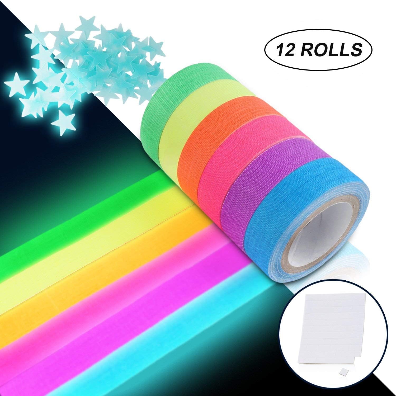 UV Blacklight Reactive Tape Neon Gaffer Fluorescent Cloth Tape for Party Decoration (12 Rolls)