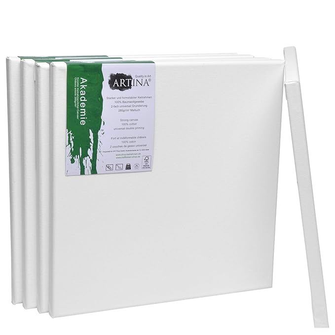 Artina FSC Keilrahmen Akademie 30x30 cm 5er Set - Aus 100% Baumwolle Leinwand Keilrahmen weiß - 280g/m² - verzugsfrei