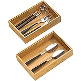 VeyFey Silverware Tray for Drawer, Stackable Kitchen Bamboo Drawer Organizer 9" x 6" x 2" Set of 2