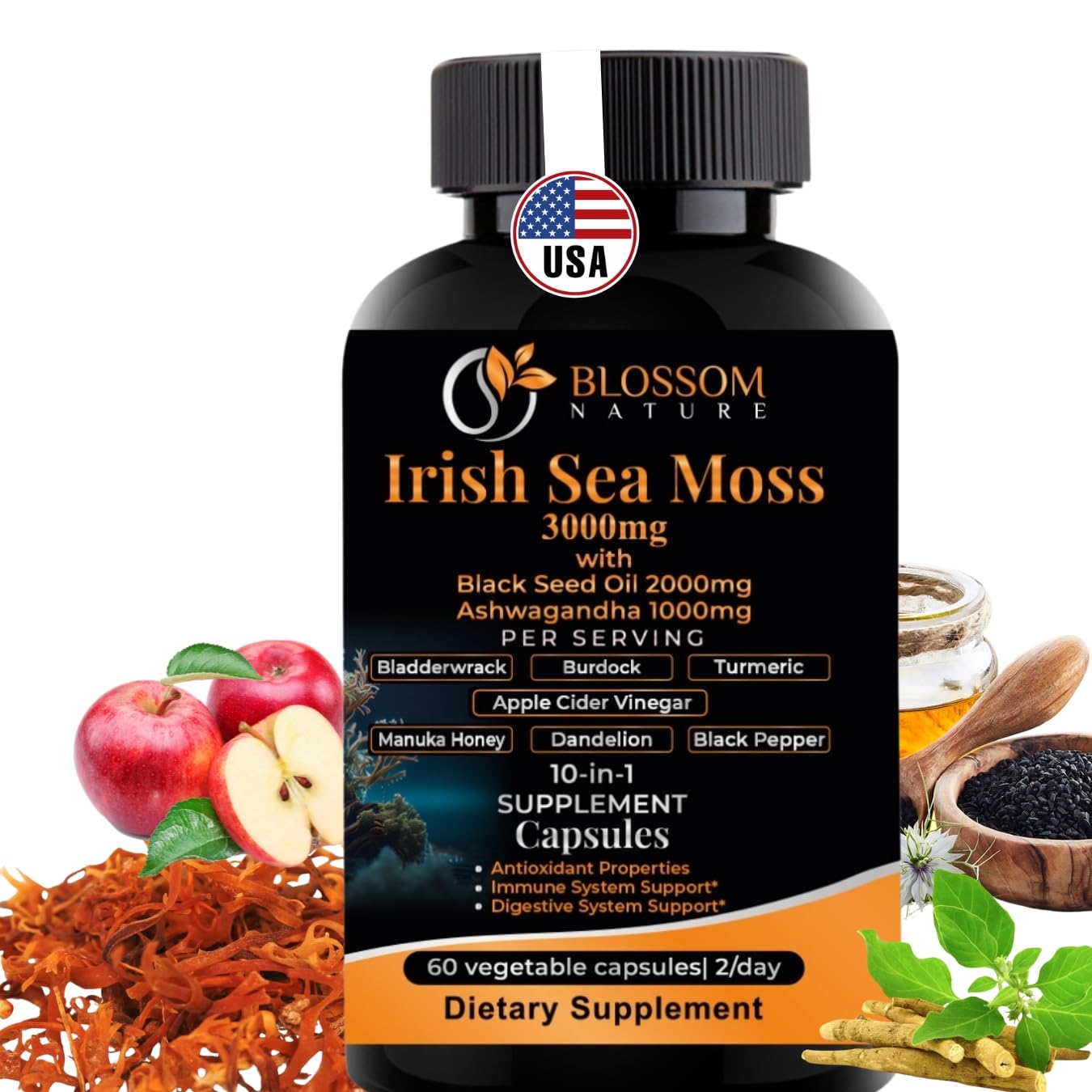 10-in-1 Irish Sea Moss Veggie Caps 3000mg Black Seed Oil Ashwagandha Bladderwrack Burdock Turmeric Apple Cider Vinegar Manuka Honey Dandelion Black Pepper - Made in US(Veggie Caps, Unflavored)