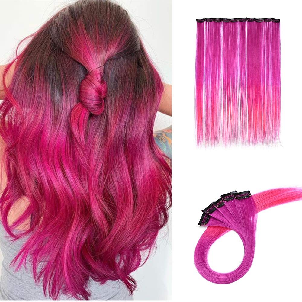 10PCS Colored Clip in Hair Extensions Straight Highlight Hairpiece Ombre 20 Inch Party DIY Hair Accessories For Kids Girls, Rose & Pink