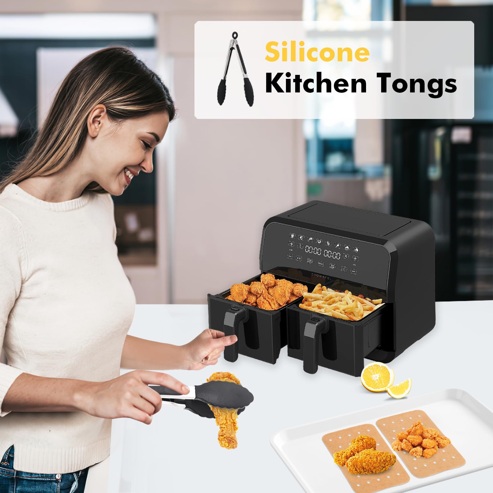 Dual Basket Air Fryer Accessories for Ninja Foodi DZ201 DZ100 SL201 & Other 8QT-10QT 2-Basket DualZone Air Fryers, Come with Air Fryer Rack Set, 100Pcs Paper Liners, Silicone Brush & Tongs