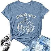 Adventure Awaits Shirts for Women Cute Sunrise Eagle Graphic Hiking T Shirts Outdoor Casual Short Sleeve Wildflower Tops