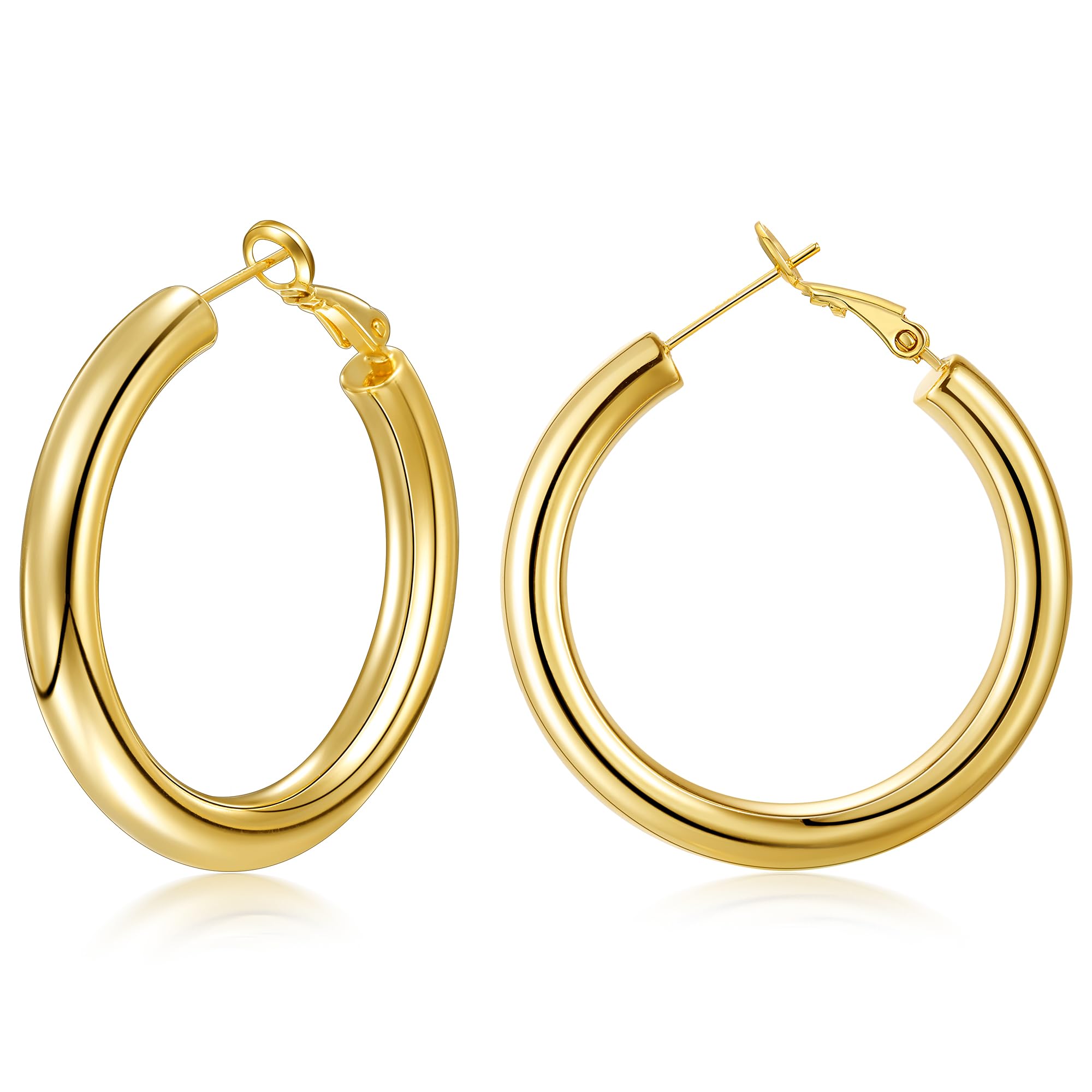 sovesi Chunky 14K Gold Plated Hoop Earrings for Women with 925 Sterling Silver Post, Thick Hoops Earrings for Women, 40mm, Gold, Sterling Silver, No Gemstone