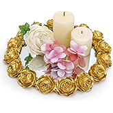 Jucoan Vintage Gold Rose Mirrored Vanity Tray, 10 Inch Round Decorative Candles Holder Plate Perfume Makeup Jewelry Tray for Dresser Bathroom Bedroom Thanksgiving Table Centerpiece Decor