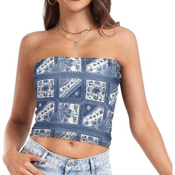 Womens Tube Tops Blue Paisley Mesh Crop Top Strapless