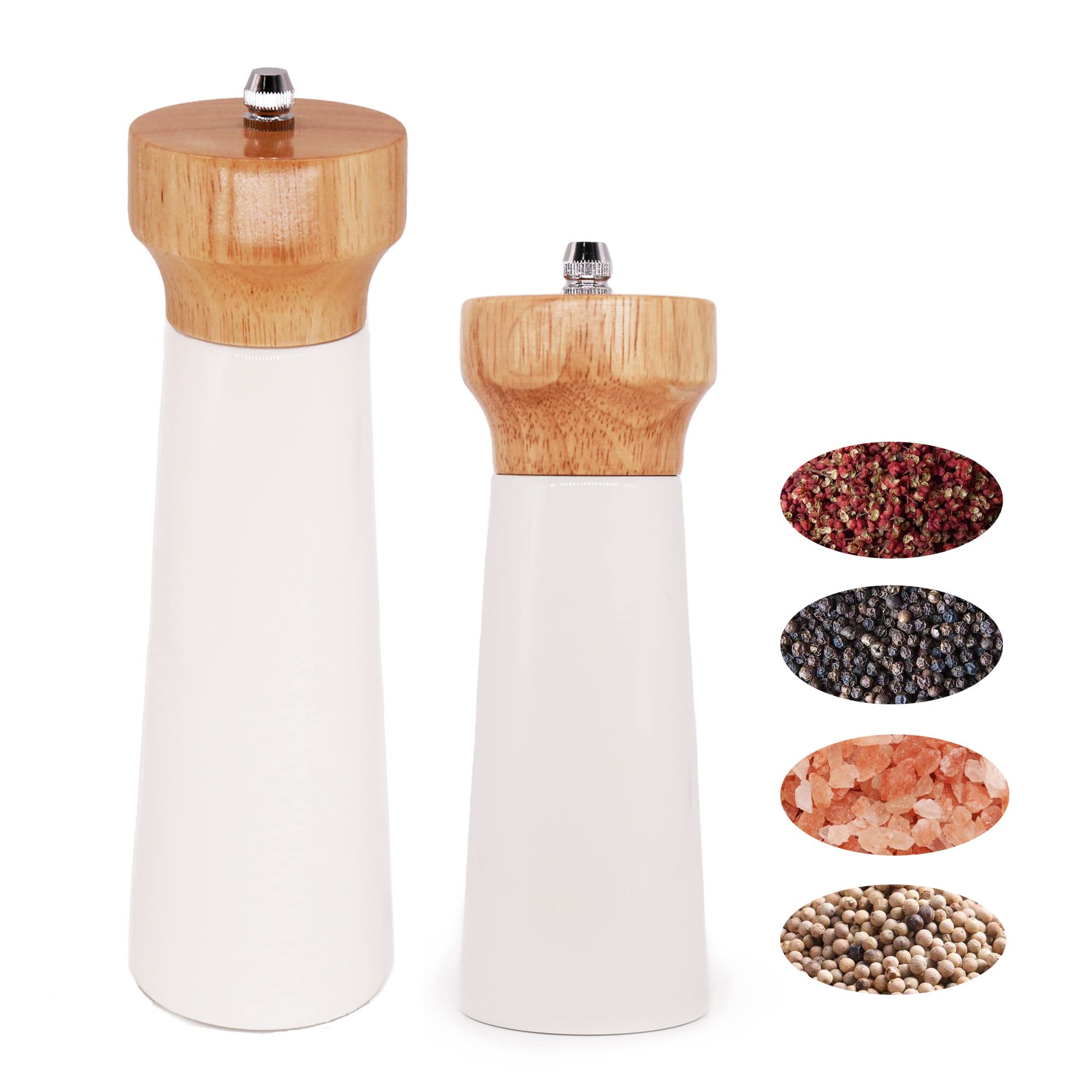 White Salt Grinder Wooden Pepper Salt Grinder Set Pepper Mill Salt & Pepper Shakers - Stainless Ceramic Refillable Stylish for Sea Salt Black Pepper - 6" and 8" Mills Lighthouse by Tessie & Jessie