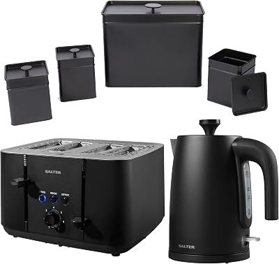 Salter Kuro 1.7L Kettle & 4-Slice Toaster Set Black with Canisters
