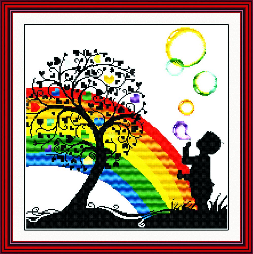 Benway Counted Cross Stitch Kit Boy Playing with Colorful Bubbles Under The Heart Tree 14 Count 42cm X 41cm