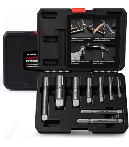6-Piece Heavy-Duty Pipe Extractor Set SAE (1/8" To 1") – Broken Pipe Removal Kit With Laser-Etched Sizes, Rugged Storage Case, For Plumbers, Mechanics, And DIY Emergency Repairs
