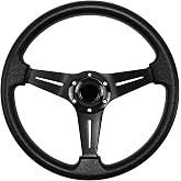 QYMOPAY Universal Racing Steering Wheel, 13.8 Inch 6 Bolt Anti-Slip Leather and Aluminum Gaming Steering Wheel with Horn Button for Chevy C10 Racing/Car Sim Driving/Racing Steering Whee black