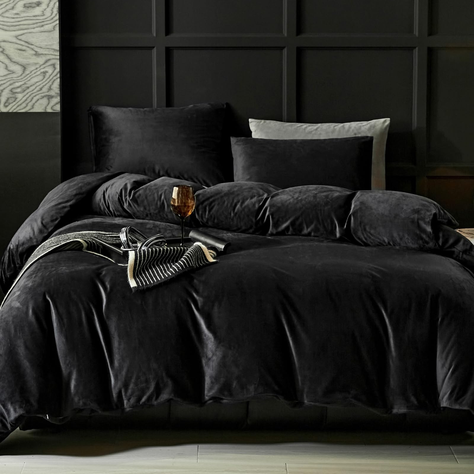 Photo 1 of WARMDERN Black Flannel Velvet Duvet Cover Queen Size Duvet Cover Bedding Sets, 3pcs Ultra Soft Luxury Textured Modern Crystal Velvet Duvet Covers with Zipper Closure(Black, Queen)