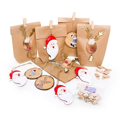 Set Of 10 Small Brown Paper Bags With Christmas Decoration