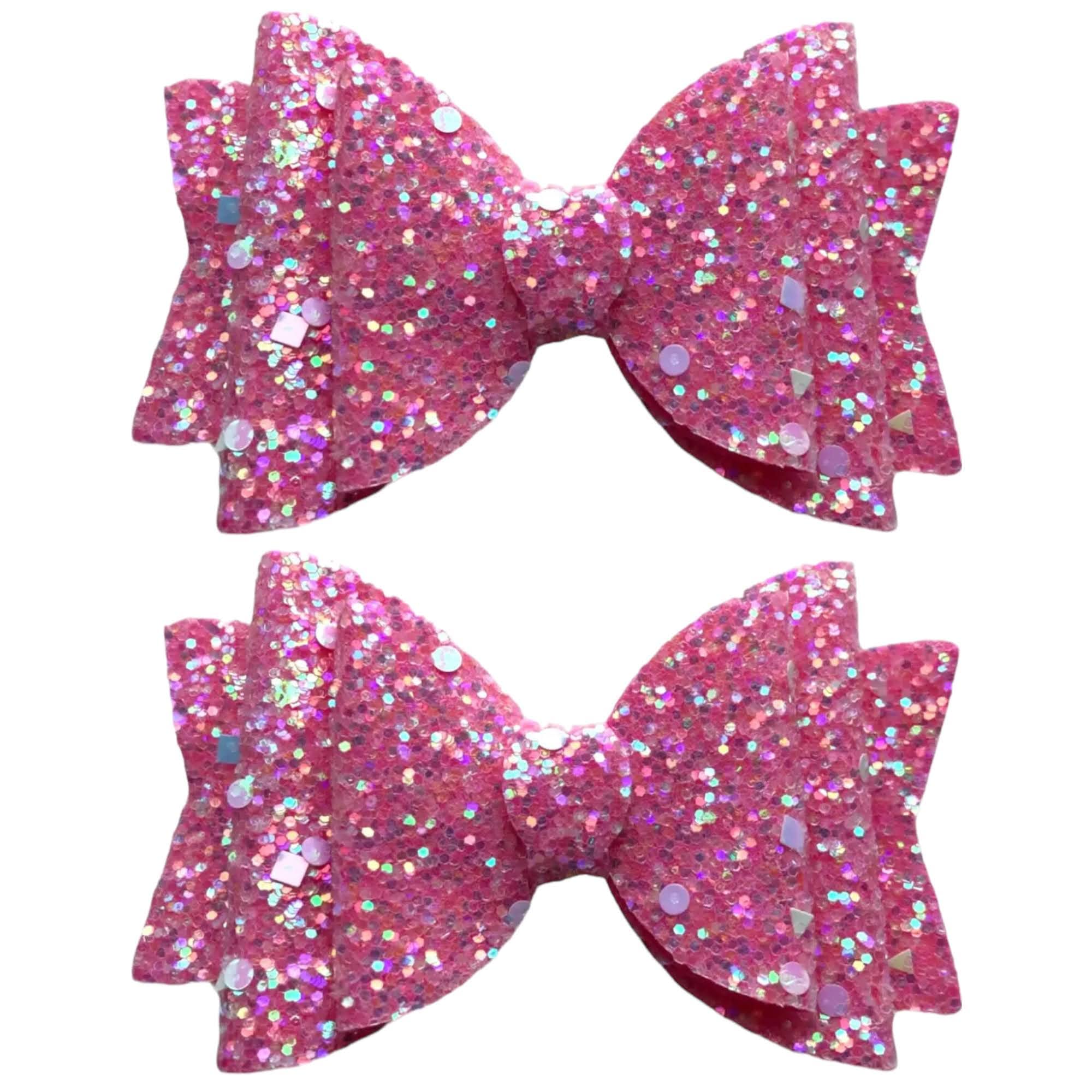 Pink Glitter Hair Bows Clips Slides Grips for Woman Girls Handmade 3.5" inch - 2 Pack