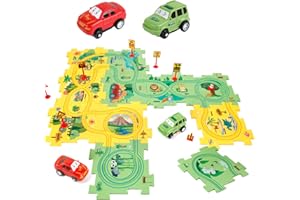 YOOYID Plastic Floor Puzzles for Kids with 2 Cute Vehicles, Puzzle Racer Kids Car Track Set, Montessori Toys for 3 4 5 6 Year Old Boys, Gifts for 3 4 5 6 Year Old Boys, Toys for Ages 2-4