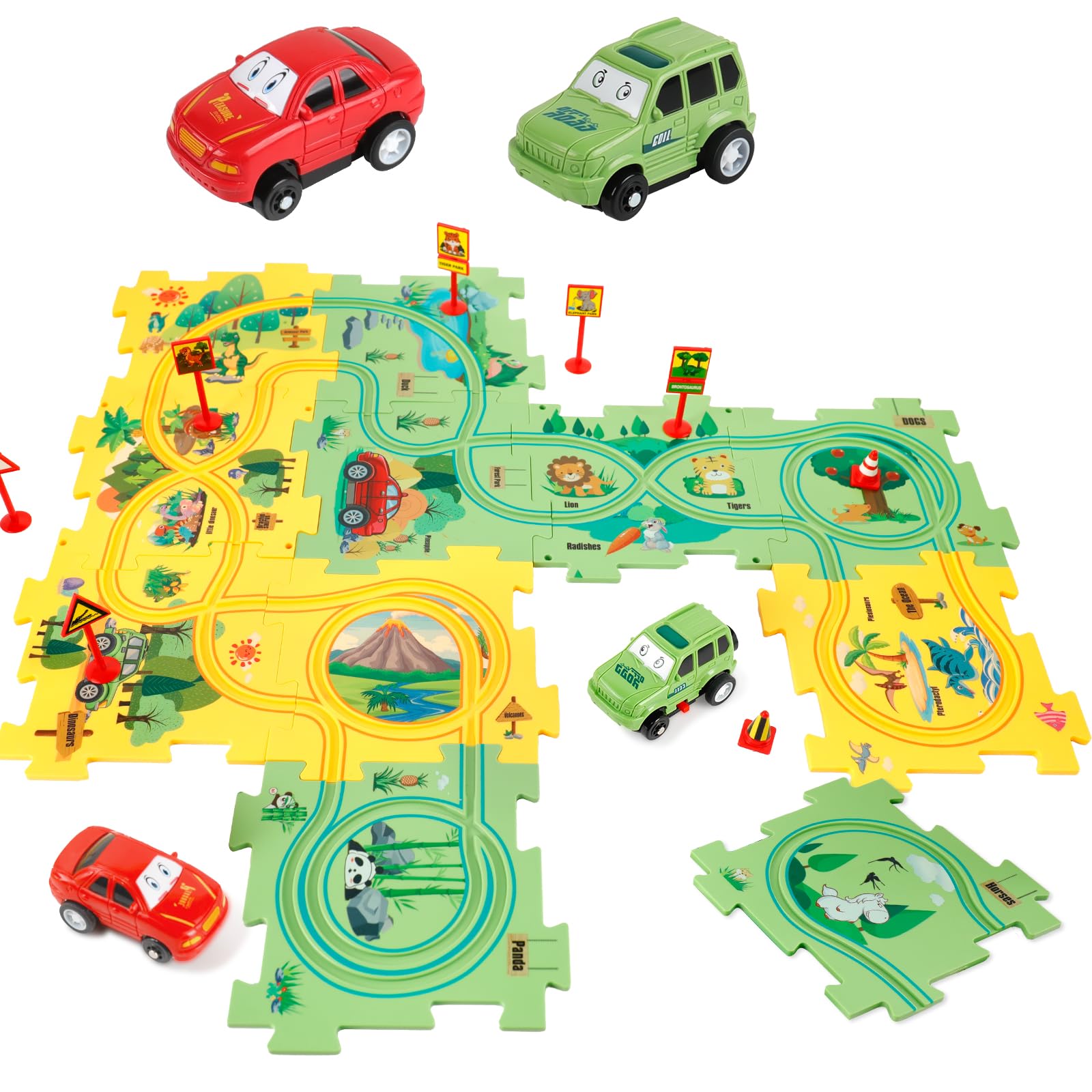 Photo 1 of YOOYID Plastic Floor Puzzles for Kids with 2 Cute Vehicles, Puzzle Racer Kids Car Track Set, Montessori Toys for 3 4 5 6 Year Old Boys, Gifts for 3 4 5 6 Year Old Boys, Toys for Ages 2-4