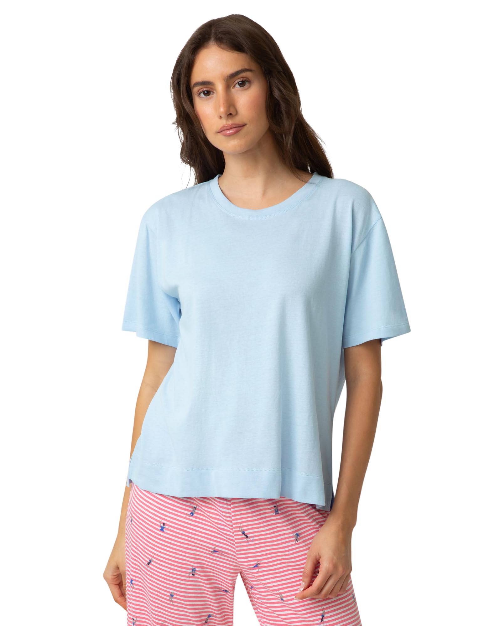 HUE Women’s Cotton Candied Short Sleeve Boxy Sleep Tee 100% Cotton Super Soft Pajama Top, Blue Frost, 2X