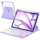 EAMPANG Case with Keyboard for iPad Air 11 inch M3 M2/ Air 10.9 5th 4th Generation,Rainbow Backlit Detachable Keypad Rotatable Magnetic Cover with Pencil Holder for iPad Air 4 5 6 7 Gen Purple