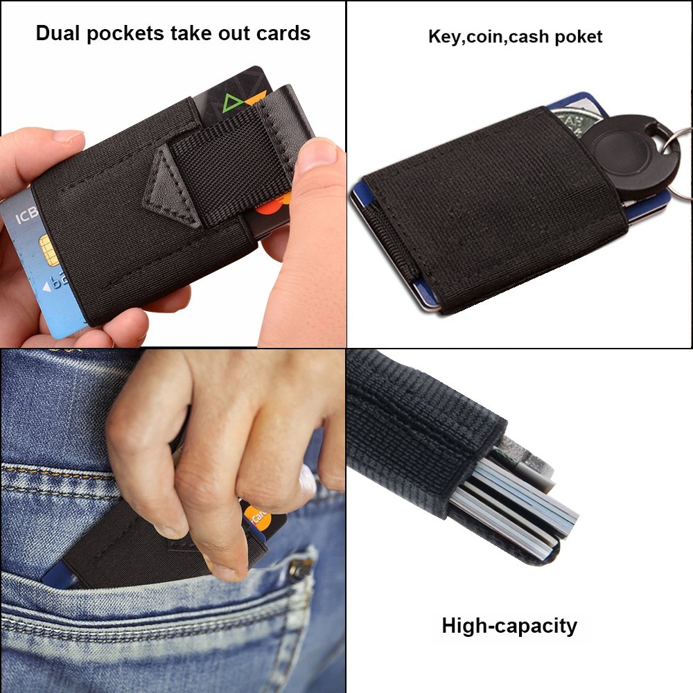 Slim Minimalist Wallet Thin Elastic Card Holder Leather Pull Up Tab With Front Pocket Cash Coin Key Holder For Men Women